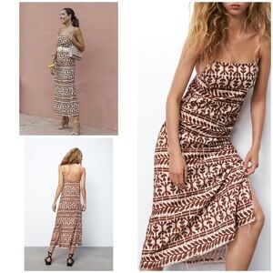 NWOT Zara Linen Blend Floral Leaves Graphics Print Slits Midi Slip Dress S​​​​​
